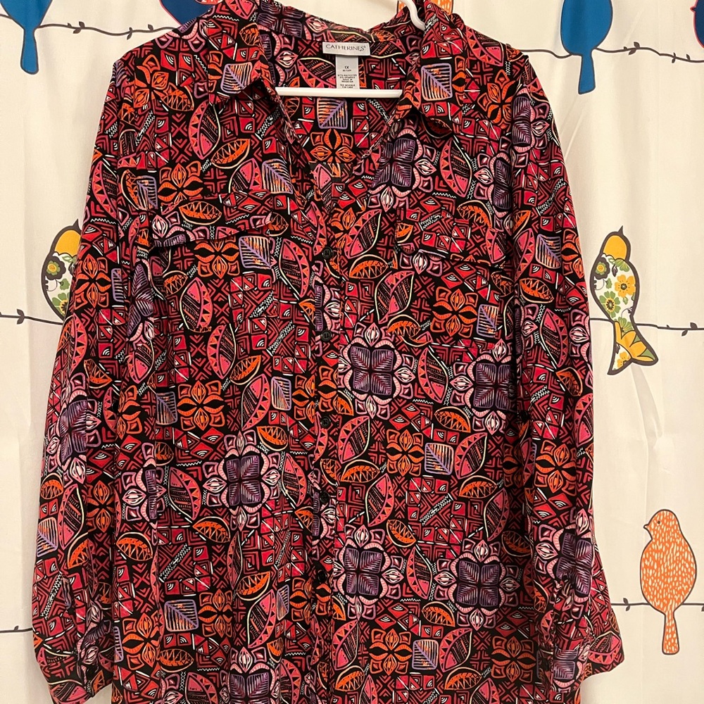 Red/purple/orange Button down blouse - Catherines 1X
